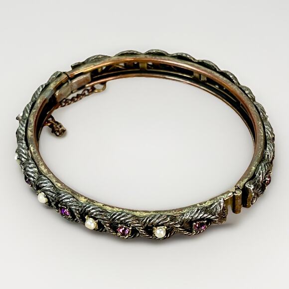 VTG Victorian Revival Hinged Bangle Amethyst Seed Pearls Safety Chain - Picture 7 of 16